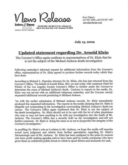Updated Statement Regarding Dr. Arnold Klein